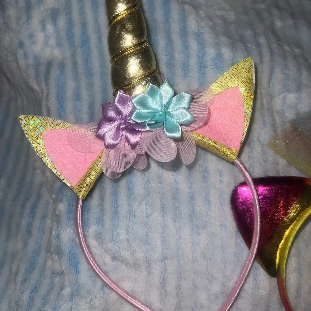 4x pack - pink Unicorn Headband + 4 clips + wolf ears + free rainbow headband.